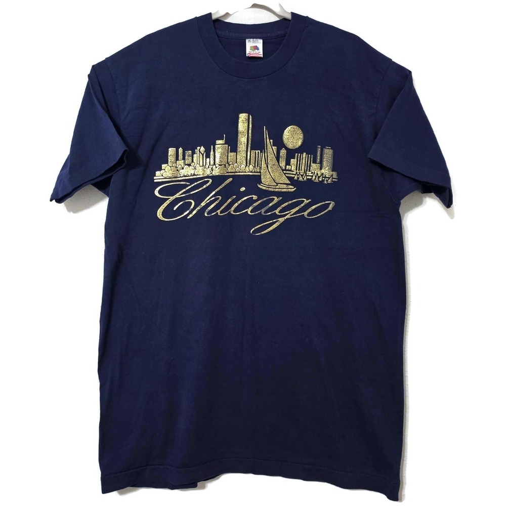 American Vintage Chicago Shirt XL Blue Skyline Graphic Tee Fruit Of The Loom USA